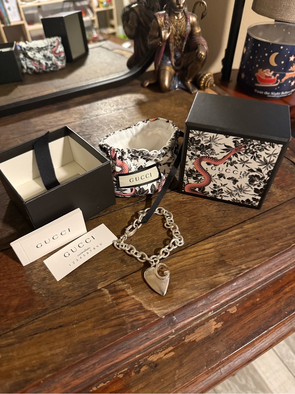 Gucci Silver Heart Charm Chain Bracelet with Branded Box